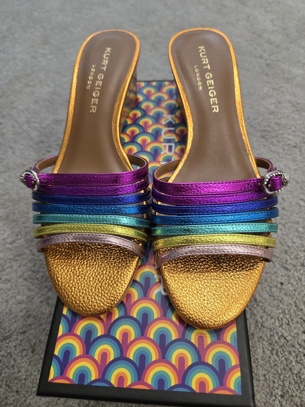 Kurt Geiger Metallic Gold Cork Wedge with Rainbow Metallic Straps Size 8